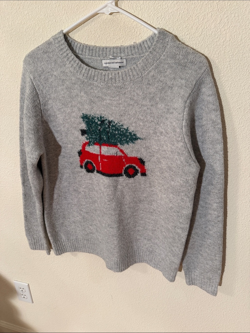cupcakes & cashmere Gray Crewneck Sweater with Red Car and Green Tree